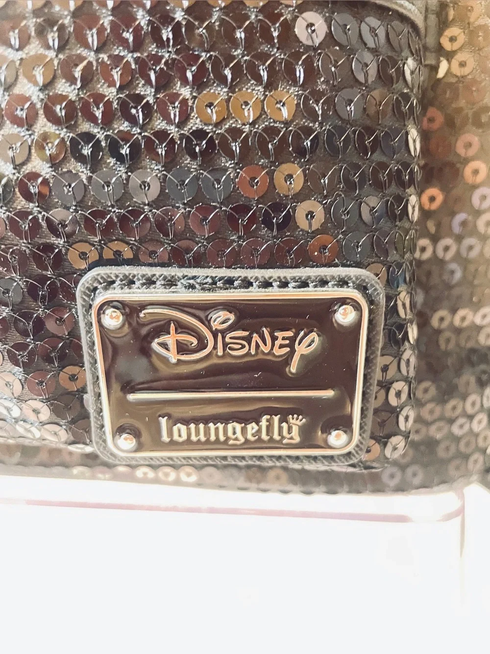 Loungefly Black Sequined Minnie Mouse Mini Backpack with Red Bow and Mouse Ears